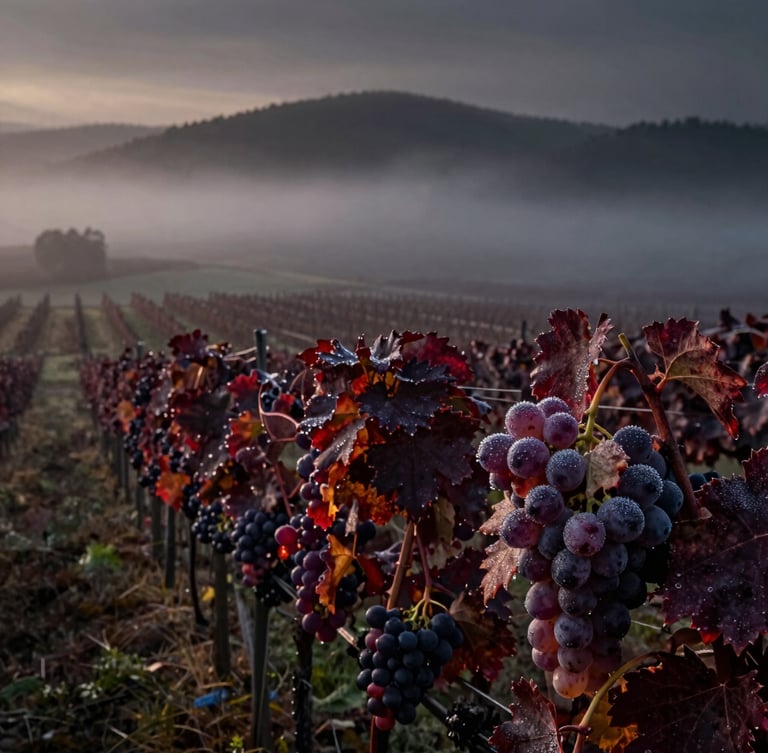 Misty vineyard landscape in the Carpathian foothills at dawn, low-key dramatic light breaking through fog, dew-glistening grapes on the vine in the foreground