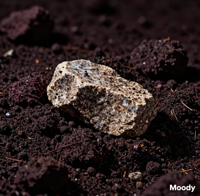 Moody editorial wine photography, close-up of dark mineral-rich soil with a fragment of ancient limestone, dramatic chiaroscuro side-lighting, shallow depth of field