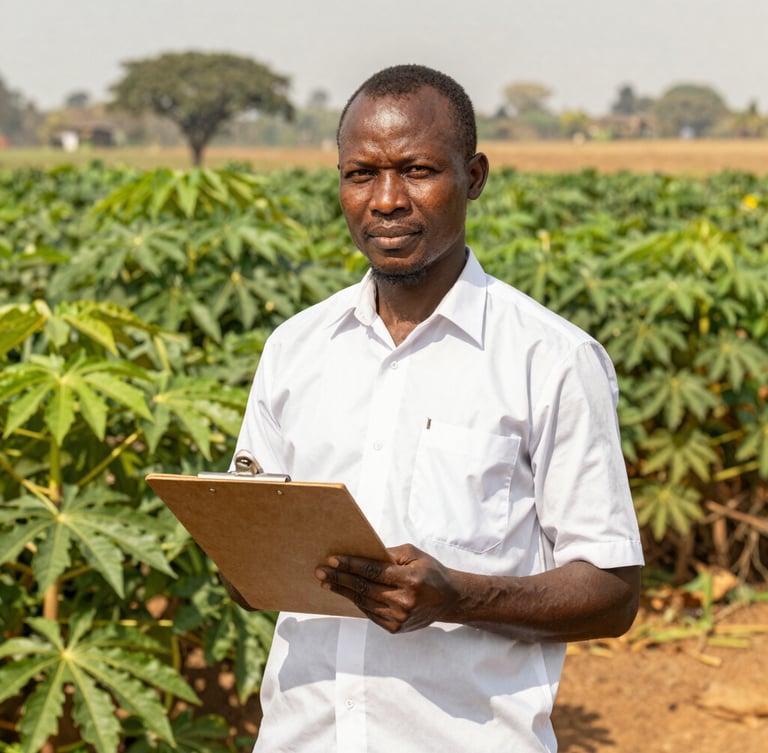 Warm editorial portrait of a Congolese civil servant in a crisp white shirt with rolled sleeves, standing in a lush green cassava field near Kinshasa, holding a clipboard, warm natural equatorial daylight, medium shot