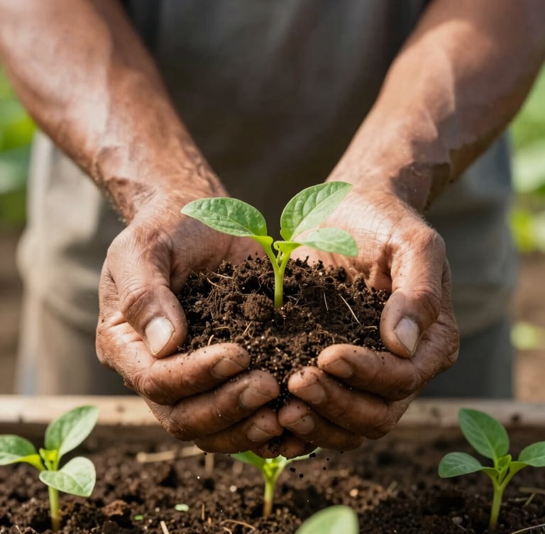 Hands of a farmer carefully holding rich dark soil with young green sprouts, warm equatorial daylight, close-up shot