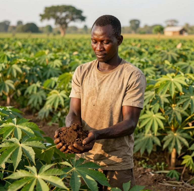 Warm editorial medium format photography of a Congolese civil servant-farmer standing in a lush cassava field in DRC, holding fresh soil, natural equatorial golden hour daylight, rich green and earth tones