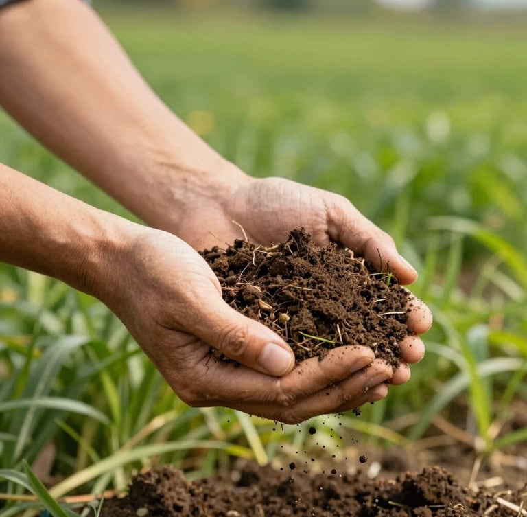 Warm editorial close-up of hands gently holding rich dark soil mixed with fresh compost, outdoors in a vibrant green field, warm natural daylight, focus on texture
