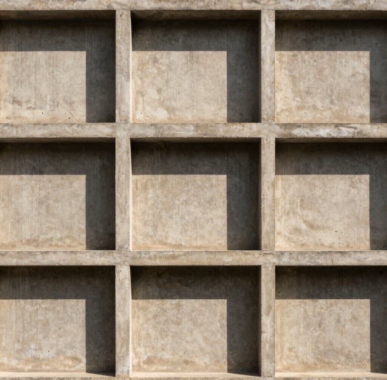 A straight-on architectural shot of a brutalist concrete facade with clean geometric lines and sharp shadows, neutral warm sand tones, 35mm