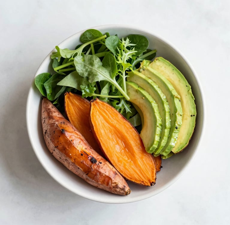 Bright editorial food photography, soft natural daylight, overhead flat-lay of a colorful, nutrient-dense harvest bowl with roasted sweet potatoes, avocado, and fresh greens.
