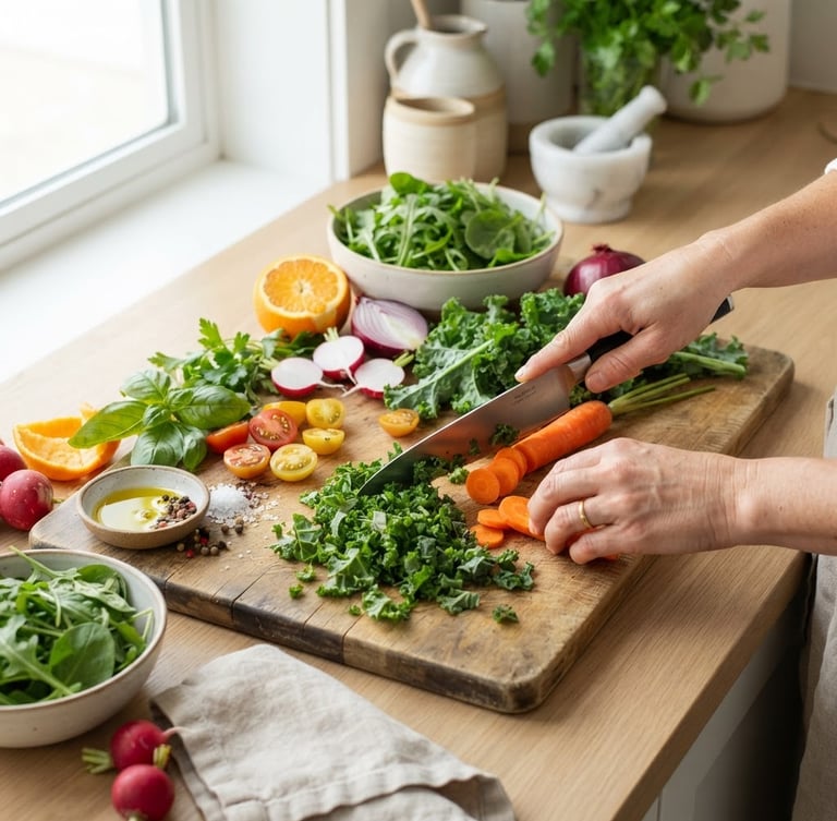Bright editorial food photography, soft natural daylight, hands prepping fresh local ingredients on a clean kitchen counter, vibrant greens and warm oranges.