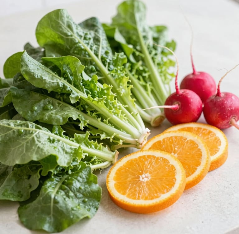 Close-up shot of crisp, fresh organic leafy greens, sliced orange citrus, and vibrant radishes being prepped on a light stone countertop, bright natural daylight, shallow depth of field