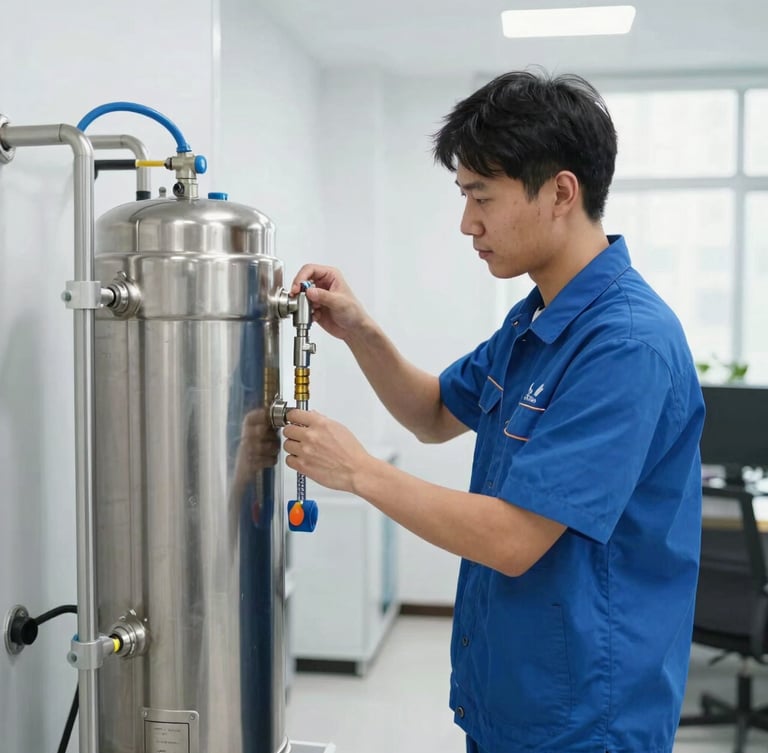A certified technician in a blue uniform installing a stainless steel water purification system in a bright office breakroom, clean natural light, focus on hands and plumbing connection.