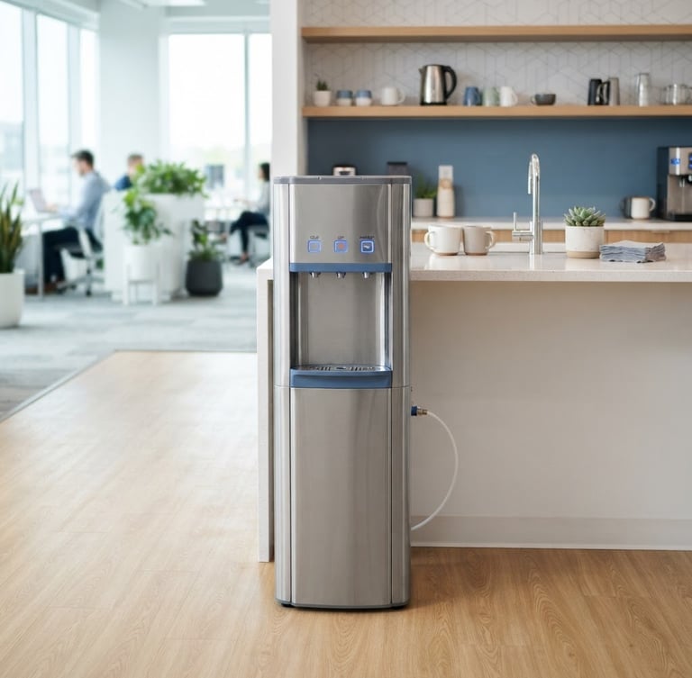 Sleek stainless steel bottleless water cooler in a bright modern office breakroom, clean natural light, crisp blue accent tones, sharp focus, 35mm lens