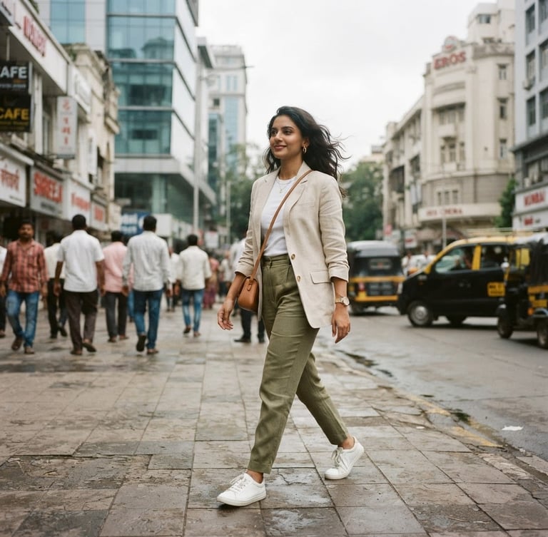 A medium-long environmental shot of a woman in a structured linen blazer walking down a modern Mumbai street, natural overcast daylight, warm editorial fashion photography, 35mm film.
