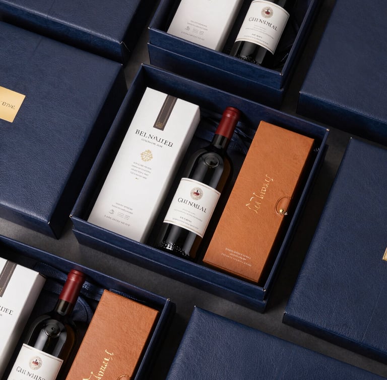 Overhead flat-lay of a meticulously arranged luxury gift hamper with leather textures, premium wine bottle, and elegant packaging materials, crisp studio lighting, 50mm