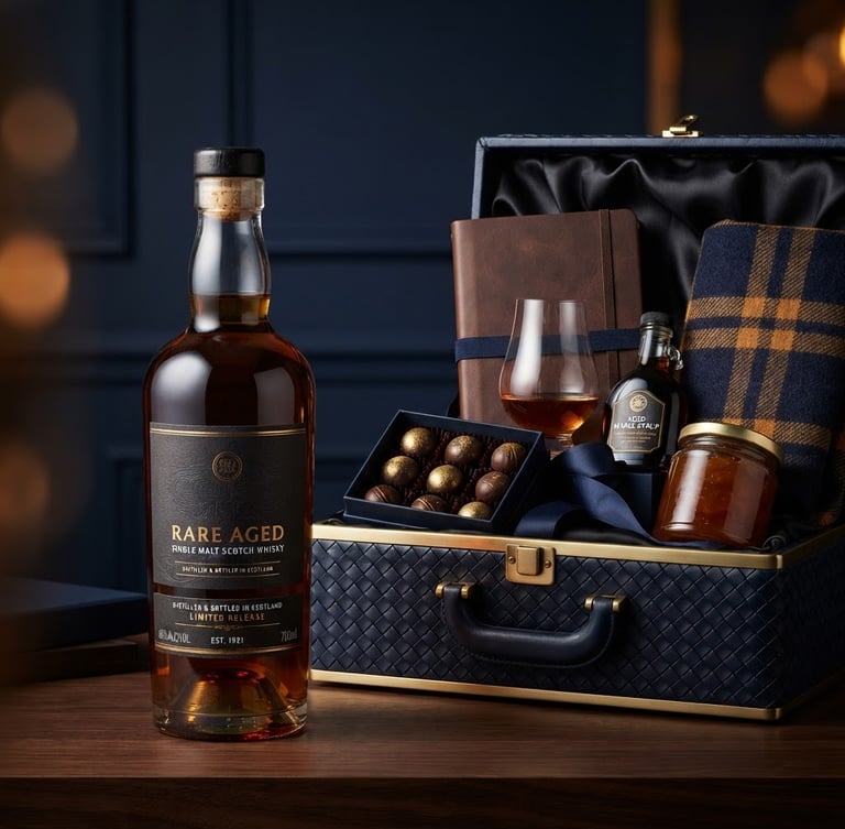 Striking portrait of a rare single malt whisky bottle and an elegantly arranged luxury gift hamper, both in crisp studio lighting, deep navy and amber tones, sharp focus, high-end editorial style, 50mm, with subtle reflections on glass.
