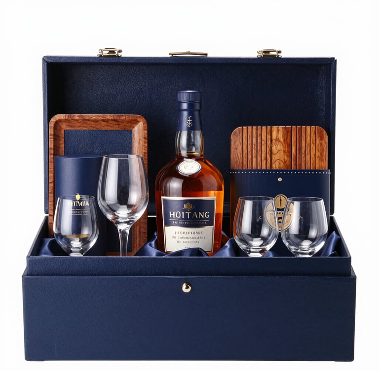 Wide portrait shot of a meticulously arranged corporate gift hamper, featuring a premium whisky bottle, elegant glassware, and luxury packaging materials (leather, wood, silk), studio lighting, sharp focus, high-end editorial style, 50mm.