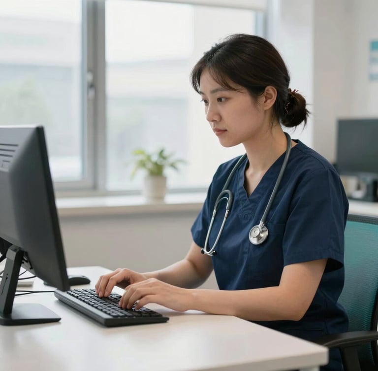 A focused medical administrator working in a bright modern clinic, typing on a clean workspace, warm natural light, 35mm
