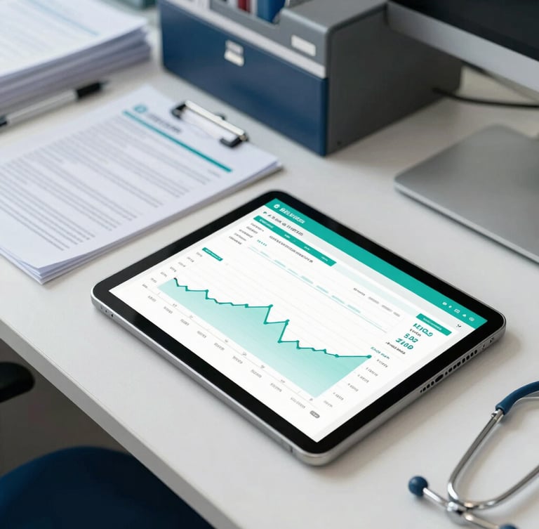 Overhead shot of an organized medical office desk, clean paperwork, and a tablet displaying a financial dashboard with positive growth metrics.