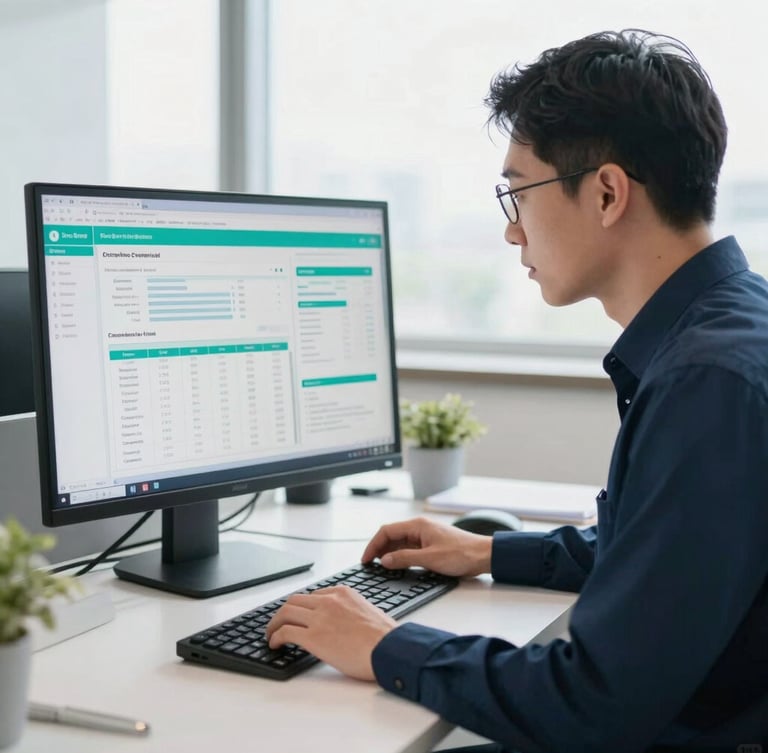 Crisp corporate photography, bright natural office daylight, focused medical administrator reviewing clinical data on a screen, 35mm