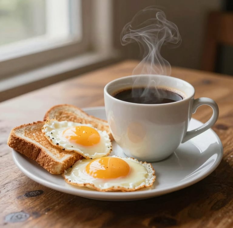 Close-up of a steaming hot cup of local coffee next to a freshly prepared breakfast plate with soft eggs and toast on a rustic wooden table, warm morning light, shallow depth of field