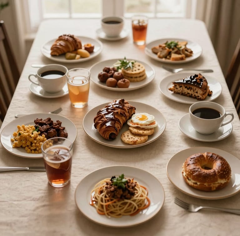Overhead flatlay of a dining table with a variety of comforting local and Western meals, refreshing drinks, and warm coffee cups, soft shadows, inviting atmosphere