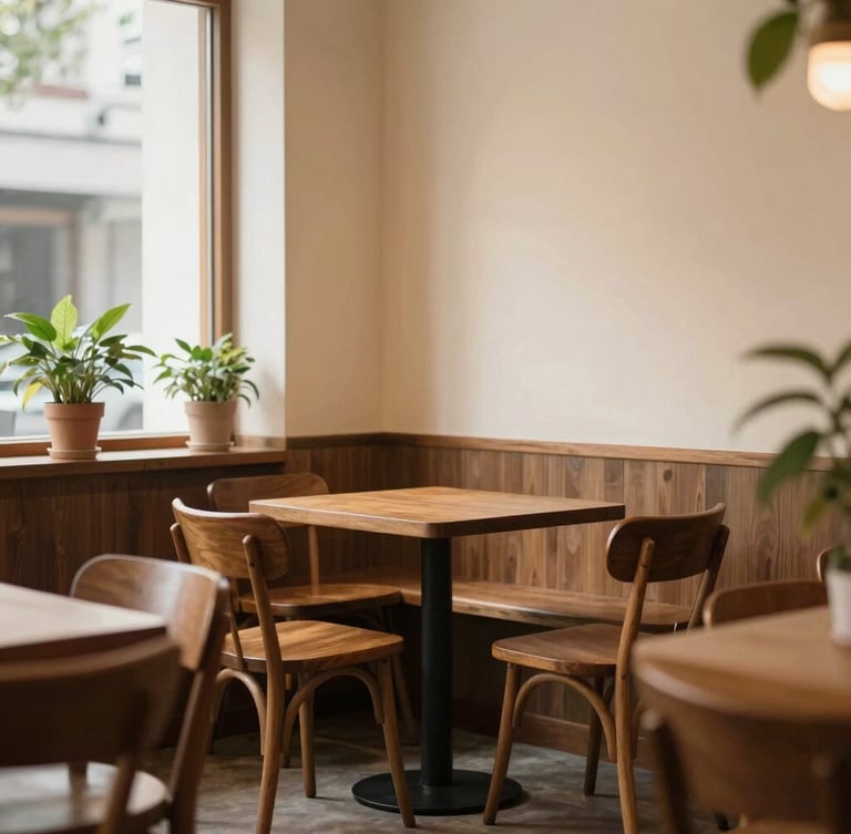 Cozy and empty café corner with warm ambient lighting, wooden chairs, cream walls, potted green plants, soft natural daylight from a side window