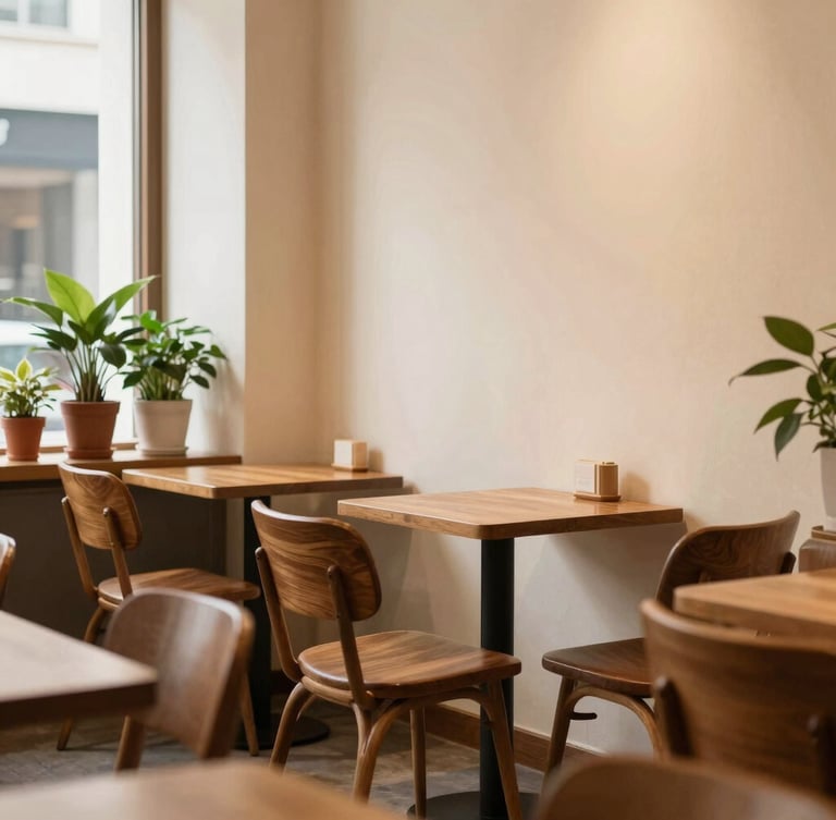 A cozy corner of a modern café with warm ambient lighting, comfortable wooden chairs, cream walls, and green potted plants, soft natural light