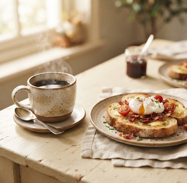 Warm daylight spilling onto a steaming cup of coffee next to a freshly toasted breakfast plate on a cream-colored table, shallow depth of field