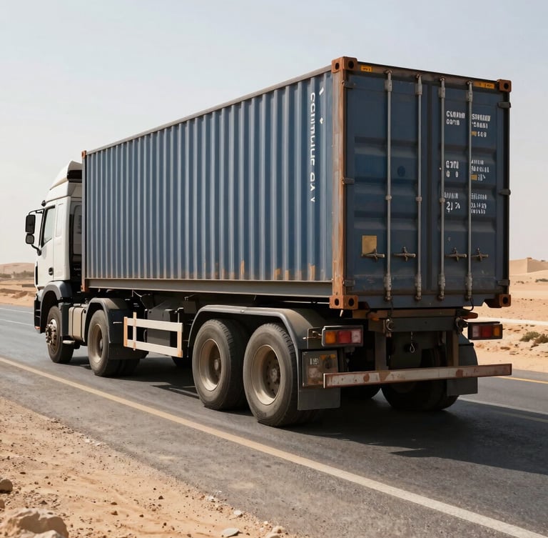Heavy-duty flatbed truck carrying a shipping container on a sunlit Egyptian desert highway, high contrast, sharp metallic textures.