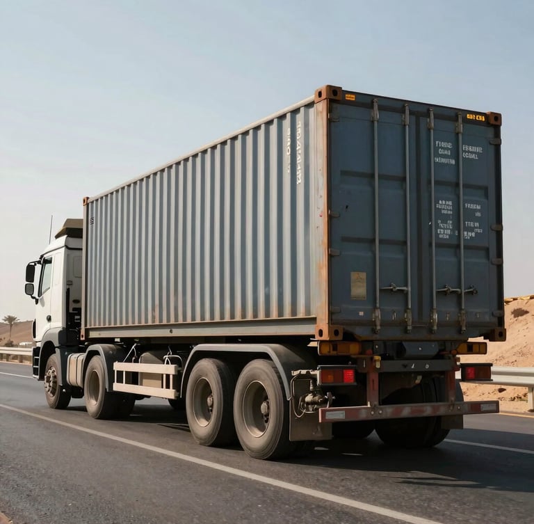 A heavy-duty flatbed truck carrying a massive shipping container on an Egyptian highway, harsh direct afternoon sun casting sharp geometric shadows, high-contrast, structural feel.