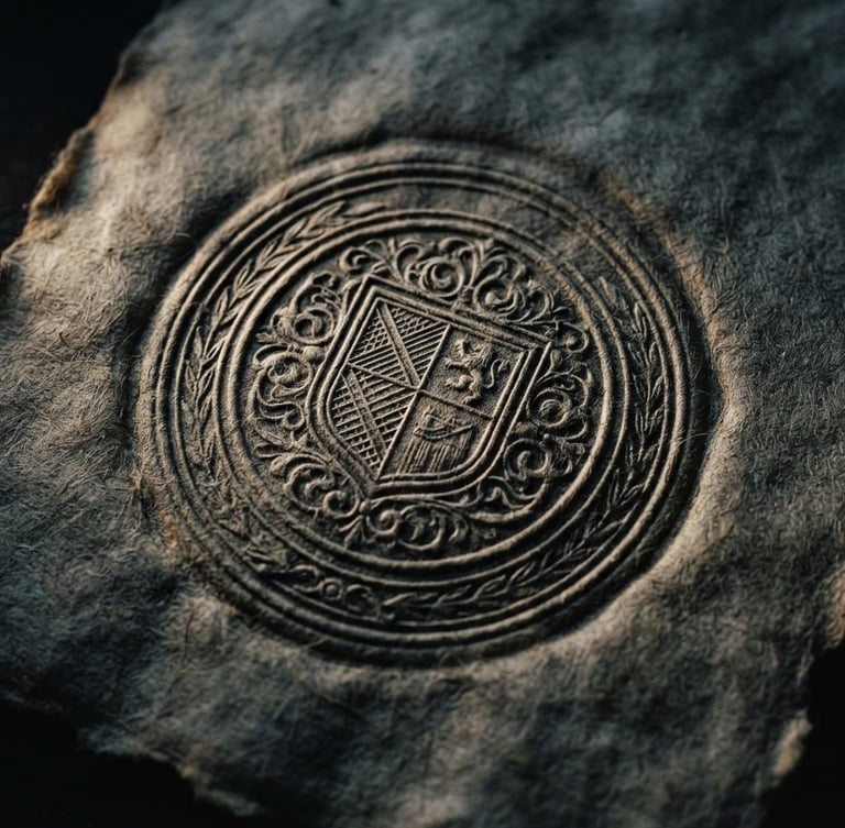Macro photograph of an official corporate registry seal embossed on heavy parchment paper, dramatic low-key side-lighting with deep shadows, desaturated slate tones, 35mm lens.
