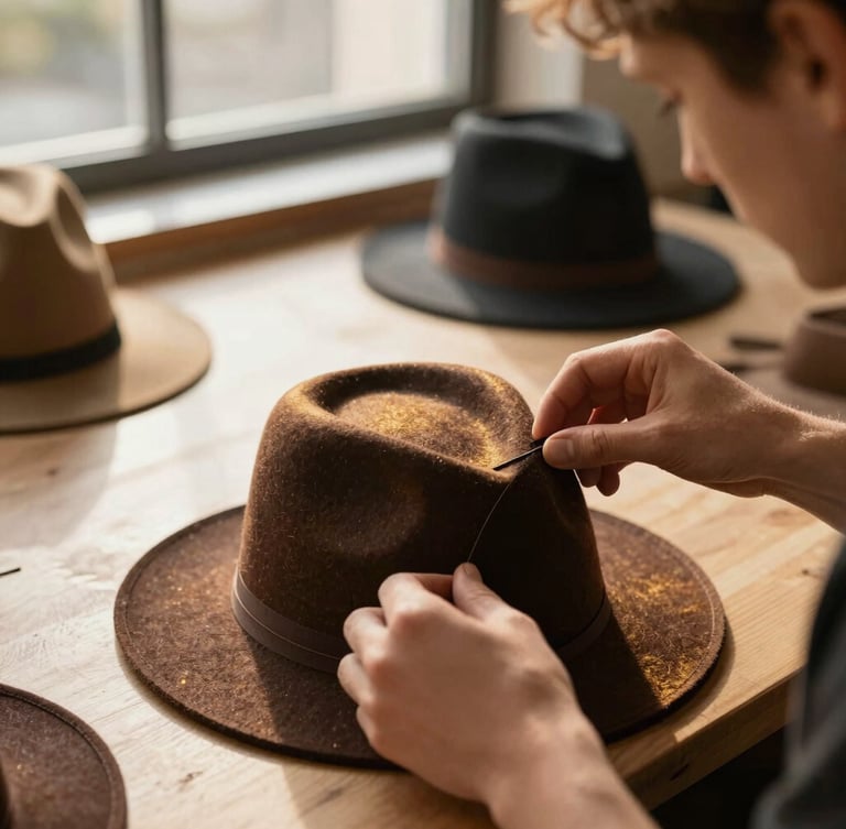 Close-up of hands working with felt on a 3D-printed hat block in a modern hat-making workshop, warm dramatic side-lighting, rich dark brown and gold tones, shallow depth of field.