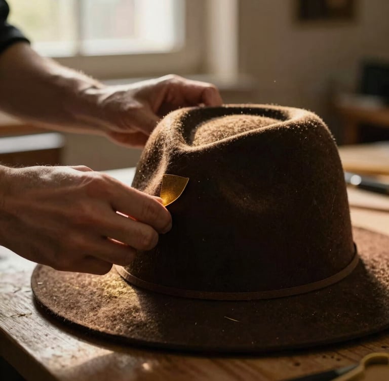 Close-up of hands working with felt on a 3D-printed hat block, warm dramatic side-lighting, rich dark brown and gold tones, shallow depth of field.