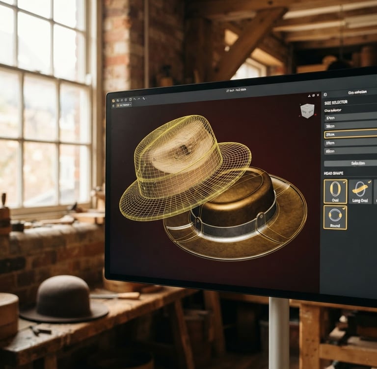 High-fidelity 3D CAD render of a hat block and hat plate, showing wireframe and solid forms, with size and head shape selectors on a clean UI, dramatic workshop window light, rich dark brown and gold tones, shallow depth of field.