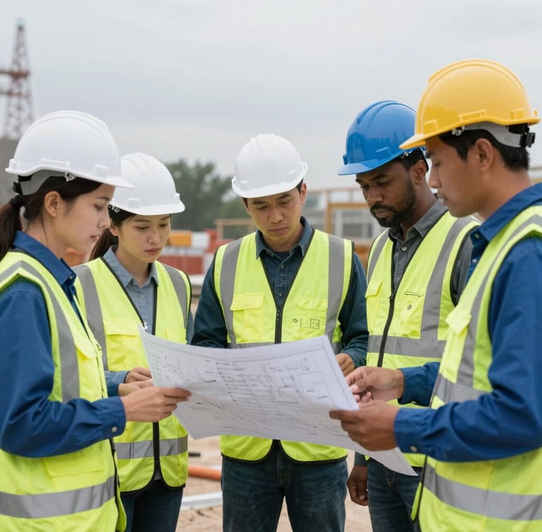 Portrait of a diverse engineering team in high-visibility safety gear, reviewing blueprints on a job site, overcast daylight, sharp focus, cool slate and blue tones.