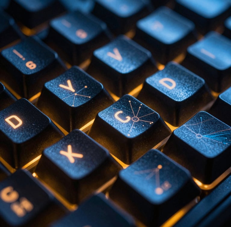 Macro close-up of a dark mechanical keyboard with amber glowing keycaps, low-key technical photography, 35mm
