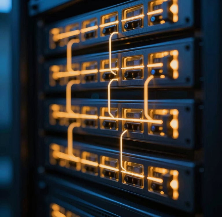 Macro photograph of server rack indicators, low-key neon amber and blue lighting, technical network visualization, 35mm lens