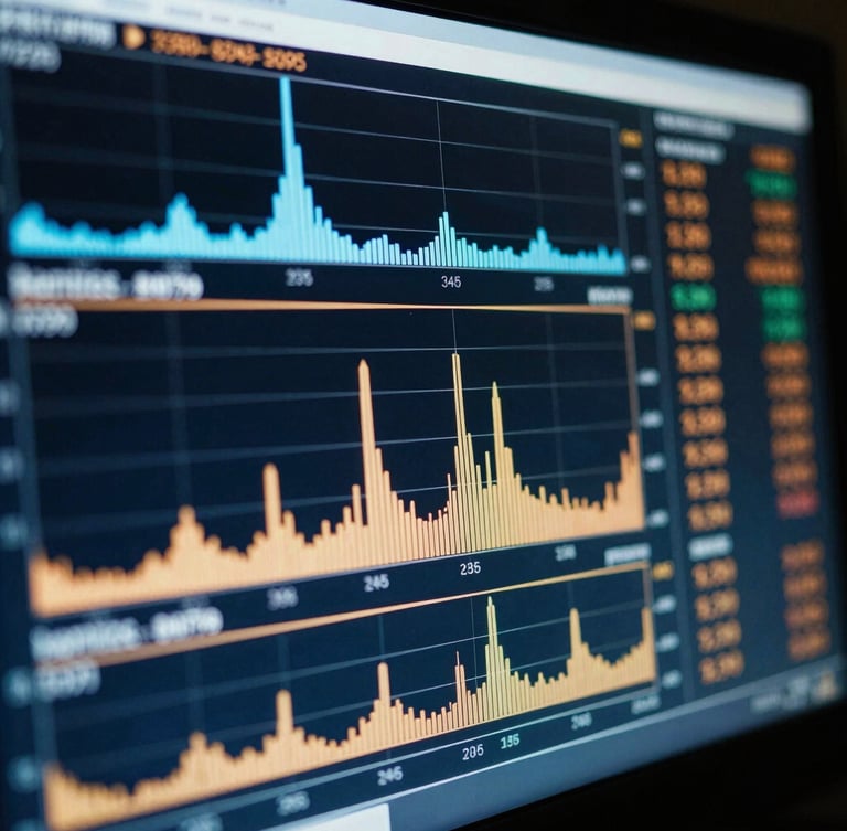 Macro close-up of a glowing terminal screen showing real-time order-flow depth charts and delta volume bars, cool blue and warm amber lighting, 35mm