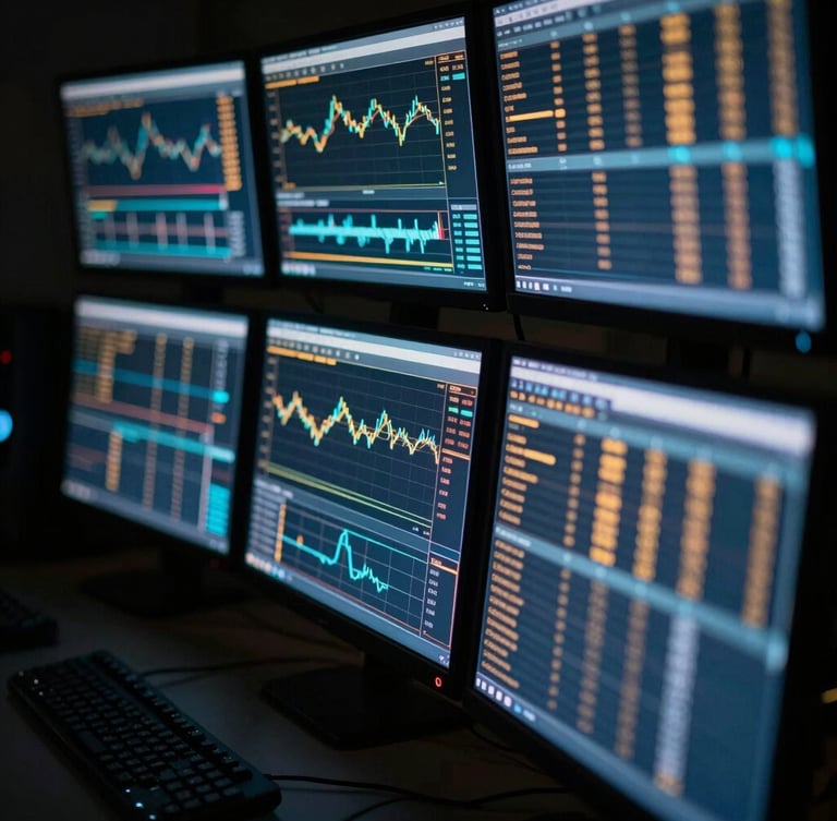Close-up on a high-performance multi-monitor trading setup in low ambient light, glowing terminal screens displaying technical charts and order books, cool blue and amber tones, shallow depth of field, 35mm