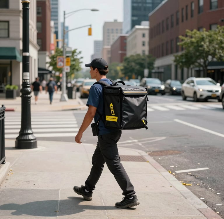 Wide angle documentary street shot of a modern courier in Washington DC, carrying a clean black delivery bag near Logan Circle, bright natural daylight, sharp urban focus.