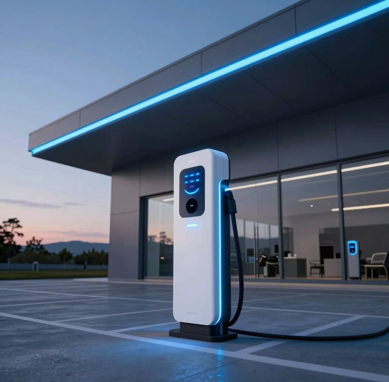 Sleek high-power EV charging terminal at twilight, glowing blue LED indicator lights, sharp architectural lines, wide-angle lens