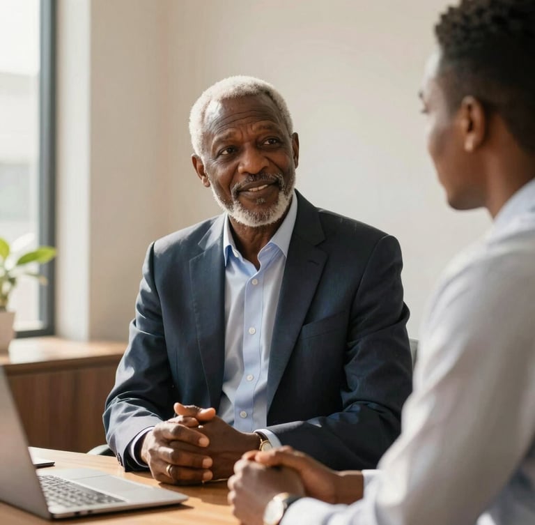 Warm editorial portrait of a senior Nigerian executive mentor speaking with a young professional in a sunlit Lagos office, confident expressions, 35mm lens.