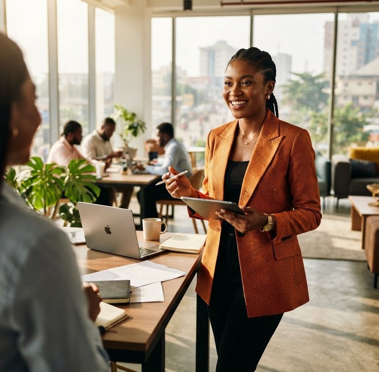 A dynamic environmental portrait of a confident young African businesswoman in a bright, modern Lagos workspace, warm natural sunlight, rich high-contrast tones, 35mm lens