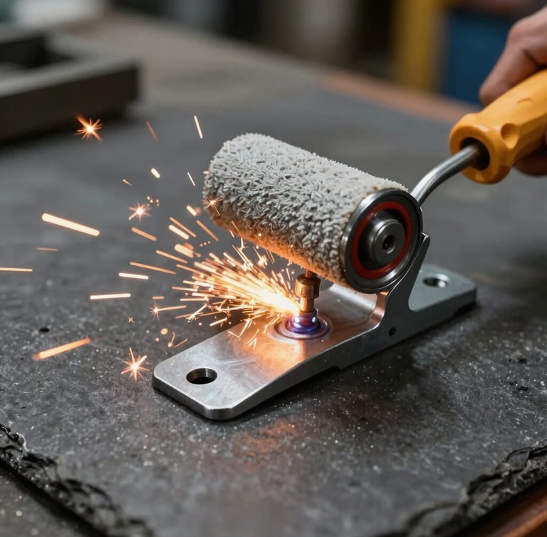 Tight macro photograph of a custom-engineered steel paint roller bracket being welded in a Salem workshop, bright orange sparks flying against dark slate gray metal, raw industrial utility lighting.