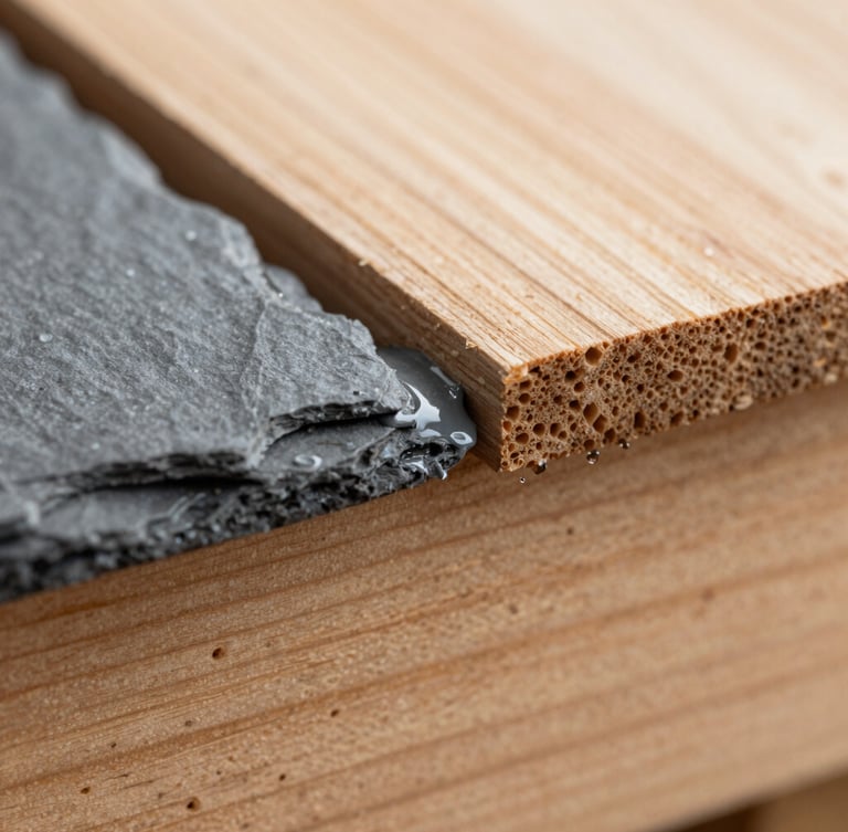 Macro close-up shot of wet slate-gray paint meeting a cedar siding edge with a razor-sharp, zero-drip line, natural overcast Pacific Northwest daylight, high-contrast details.