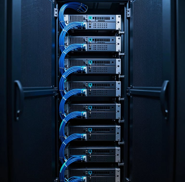 Symmetrical wide shot of high-end server racks with immaculate, clean blue cable management, low-key lighting with sharp cyan accents