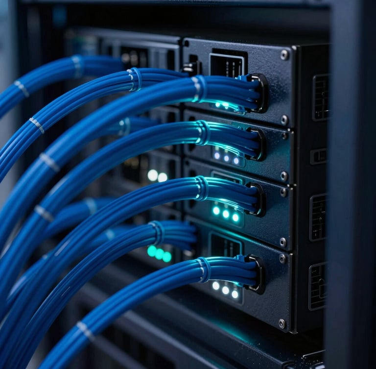Macro close-up of high-end server rack with clean blue cable management, cool white neon indicator lights blinking, dark technical photography, high contrast