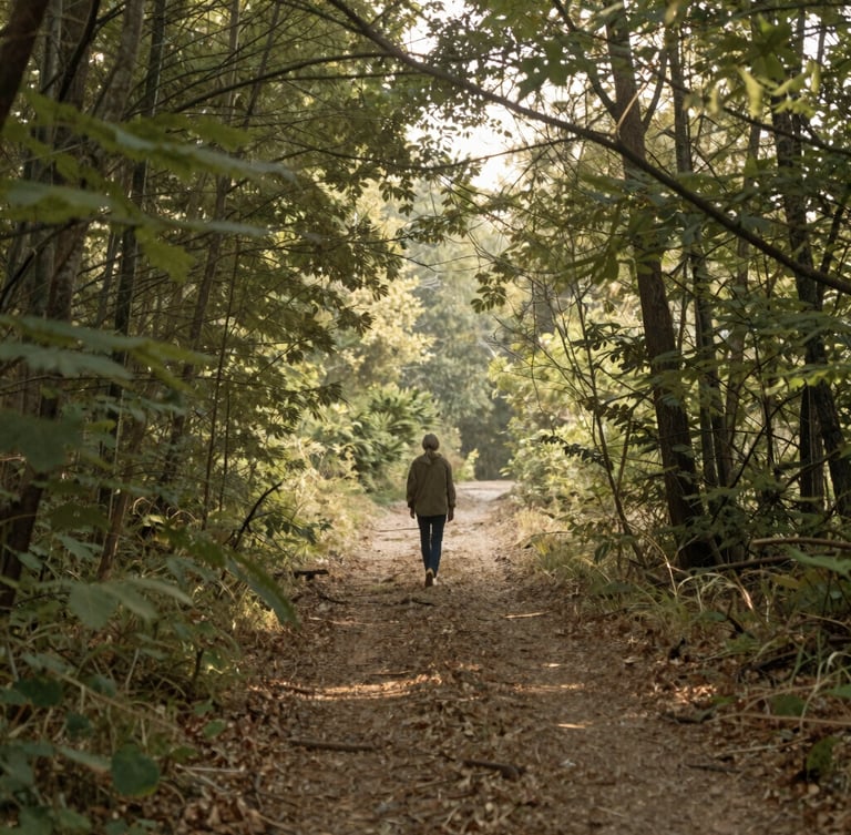 A serene outdoor scene of a person walking on a forest path during early morning, soft sun rays filtering through trees, natural diffused light, organic tones.