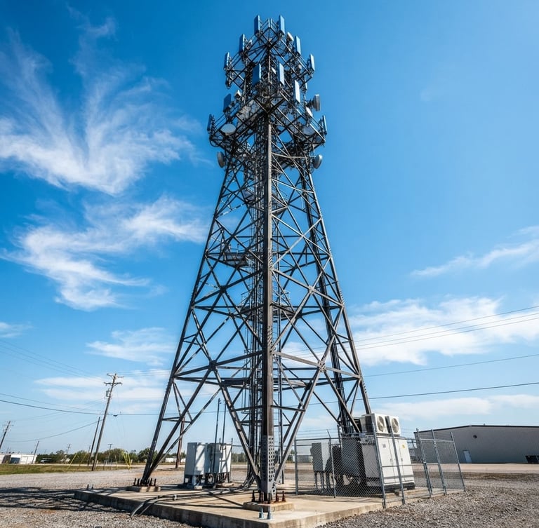 Low-angle industrial editorial photograph of a modern cell tower against a crisp daylight sky, with high-contrast steel and signal blue tones, wide-angle architectural framing.