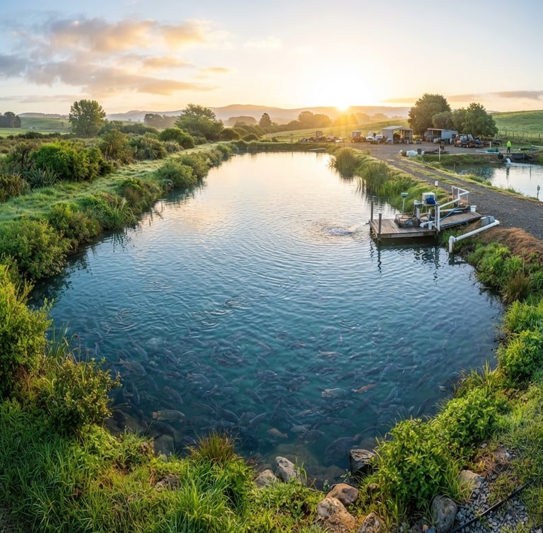 Wide panoramic aquaculture pond at sunrise, clean blue water, healthy fish visible beneath surface, lush green banks, crisp morning light, 50mm lens, sharp focus.