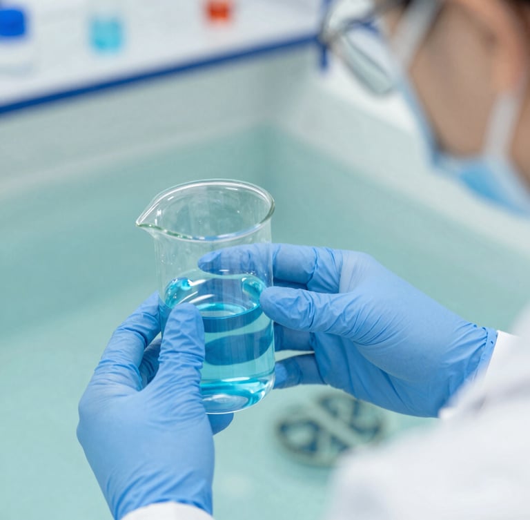 Macro shot of lab technician performing water quality test on aquaculture sample, clear blue liquid in glassware, bright laboratory lighting, sharp focus, clean blue and green tones.