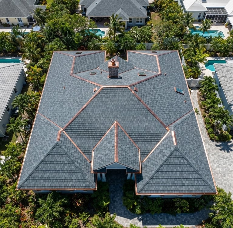 High-altitude drone shot of a completed residential roof in New Providence, sharp architectural shingles, bright midday sun, rich slate gray tones, 35mm