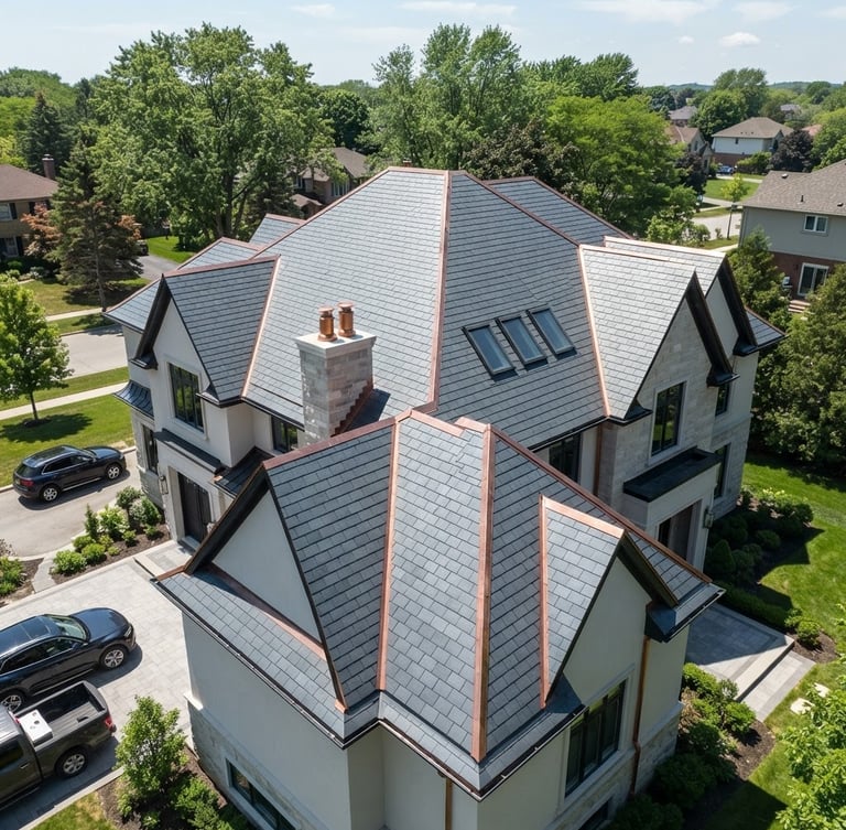 Sharp aerial drone photograph of a newly completed slate-gray residential roof with clean lines under bright midday sun, high detail, 35mm