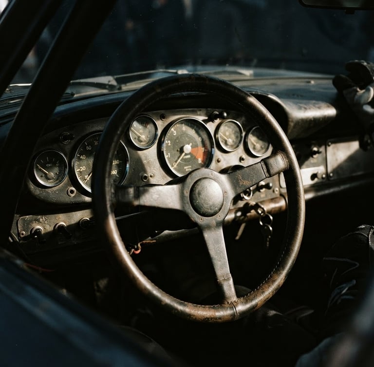Close-up of a vintage racing car dashboard, mechanical dials with metal bezels, worn leather steering wheel, deep shadows, high-contrast natural light, 35mm film grain